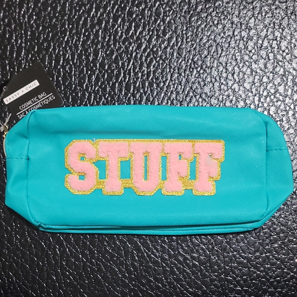Sassy + Chic Teal with Pink 'STUFF' Embroidery Cosmetic Bag